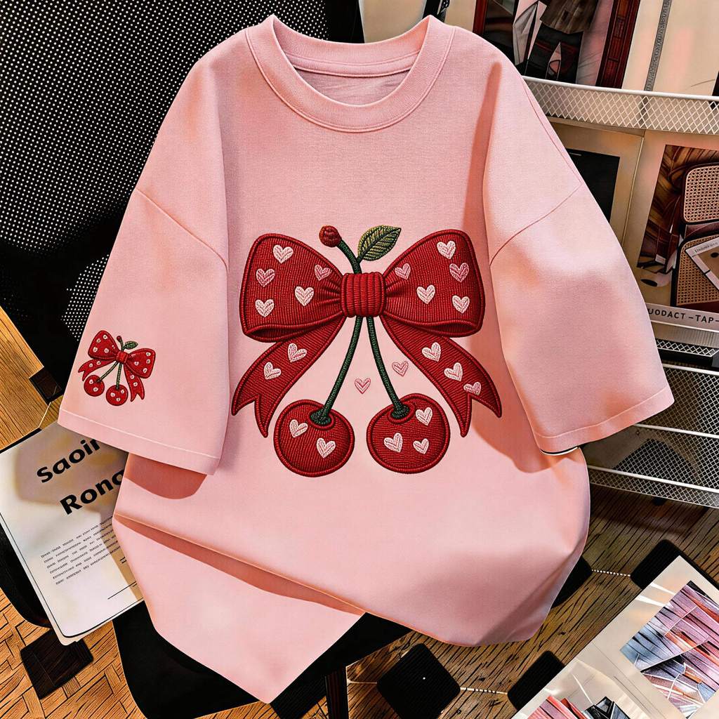 TEE·SHOP🍀 เสื้อยืด oversize เสื้อเท่ๆ เกาหลี "Cherry Bow" เสื้อแฟชั่นใ เกาหลีสไตล์ พิมพ์ลาย ผ้านิ่มใส่สบาย COD