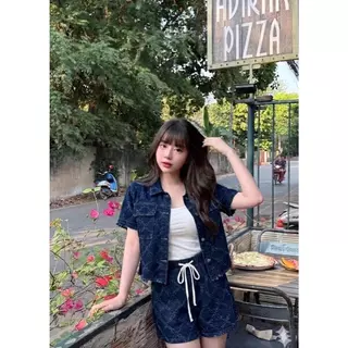ชุดเซ็ต 2 ชิ้น เซ็ตยีนส์ขาสั้น งานผ้ายีนส์เสื้อเเต่งปลายขุย กางเกงเอวสม็อก-6037