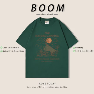 BOOM ฤดูร้อน เสื้อยืดสั้นแขนผ้ายืด สไตล์เรโทร Oversize ลาย THE NATURE CAMPING คุณภาพ ระบายอากาศดี (เงินสดปลายทาง)