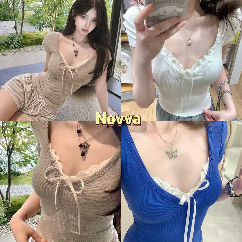 ส่งไวจากไทย เสื้อยืดผู้หญิง คอวีลูกไม้ แขนสั้น สไตล์ไอดอลเกาหลี หวานน่ารัก UMISO