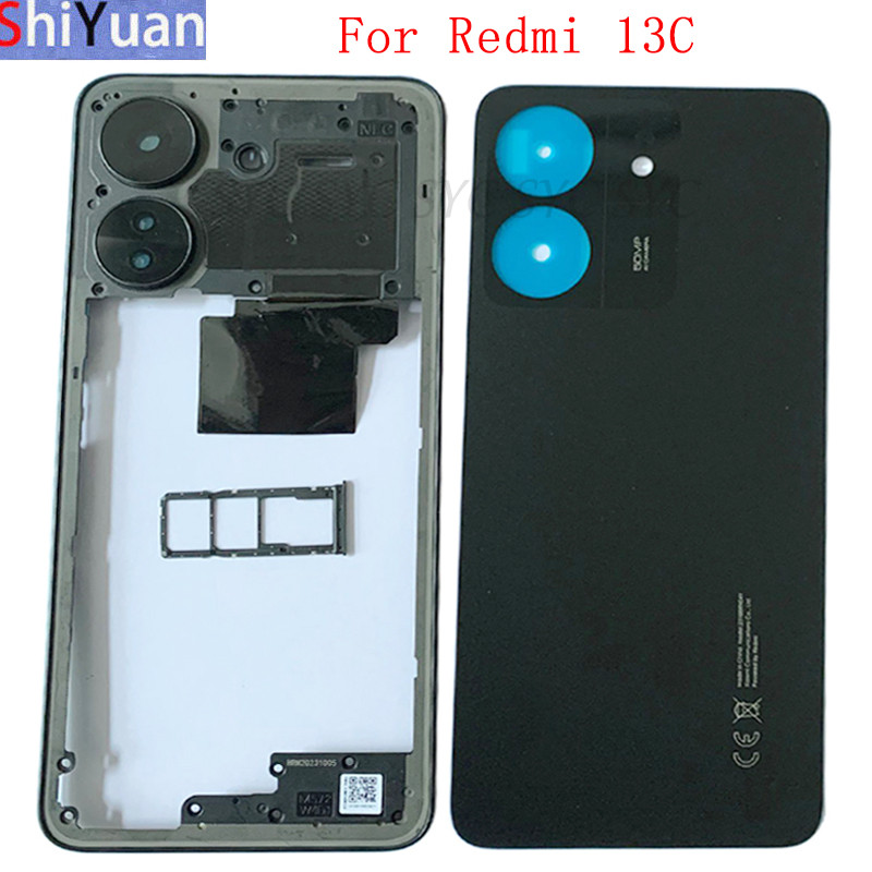 ฝาครอบแบตเตอรี่ด้านหลังประตูสําหรับ Redmi 13C ฝาหลังพร้อมกรอบกลางกรอบกล้องซิมการ์ดถาด