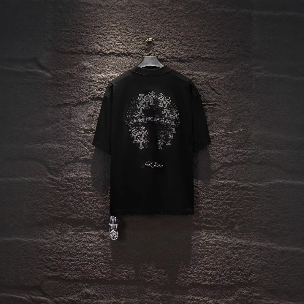 4RHQ Chrome Hearts Summer Heavy-duty distressed appliqué embroidered short sleeves T T-shirt Couple 