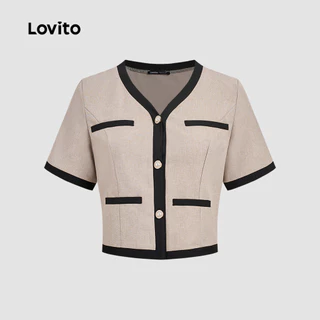 Lovito เสื้อเบลาส์ผู้หญิงสไตล์เรียบหรู คอนทราสต์บีนดิ้ง กระเป๋าปลอม เหมาะสําหรับฤดูใบไม้ผลิ/ฤดูร้อน L183ED1024