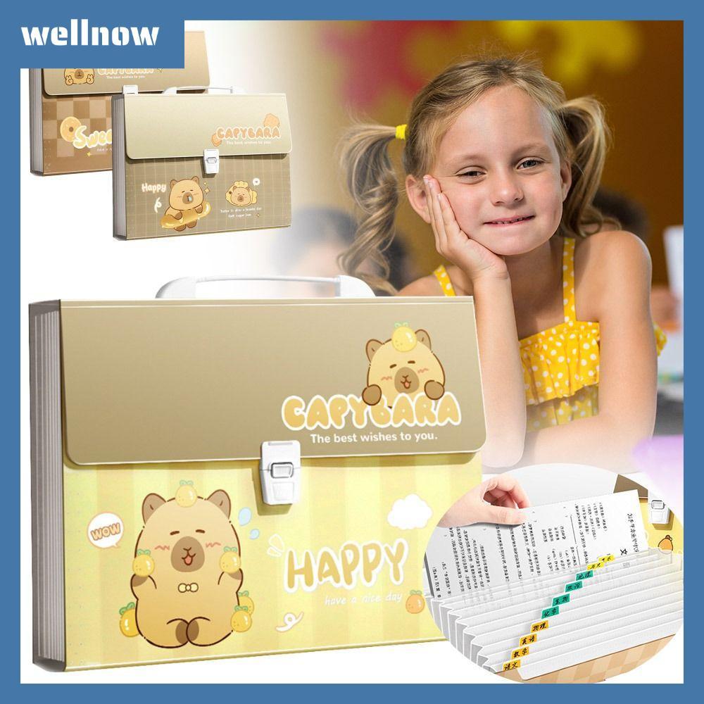 WELLNOW Capibara โฟลเดอร์เอกสาร, กระเป๋าออร์แกนความจุขนาดใหญ่ 13 ชั้น, โฟลเดอร์ซองจดหมายน่ารักถุงเก็บกระดาษทดสอบ A4 กันน้ําสําหรับนักเรียนและพนักงานออฟฟิศ