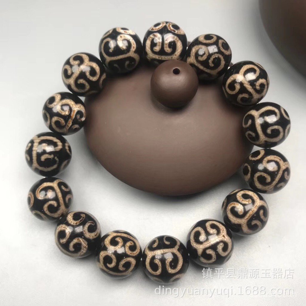 E18 Agate Dzi Beads สีเหลือง ลายทิเบต First Line Dzi ดีไซน์ฟันดำขาวย้อนกลับ