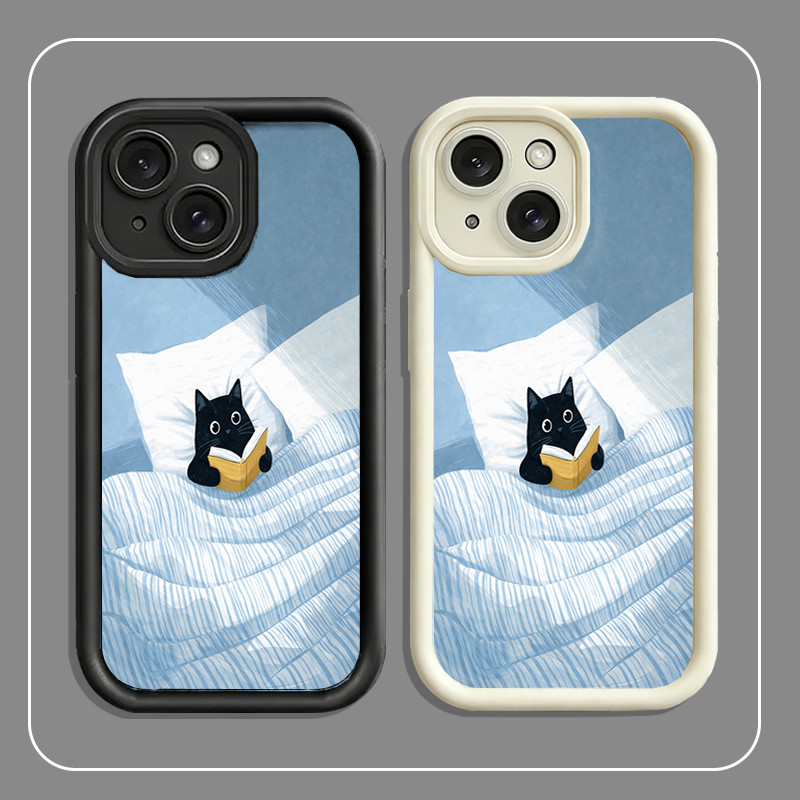 เคส iPhone แมวดําอ่านหนังสือเรียบ การป้องกันที่ครอบคลุมสําหรับ iP 11/12/13/14/15/16/17/Pro/Max/Plus/