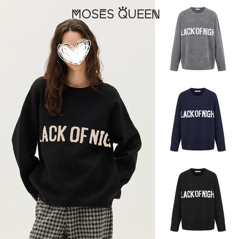 MOSESQUEEN เสื้อกันหนาวคอลูกเรือพิมพ์ลายตัวอักษร มอสส์ ราชินี สำหรับผู้หญิง ใส่สบายและอบอุ่น #59723