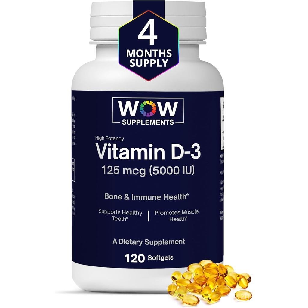 WOW อาหารเสริมวิตามิน D3 5000 IU Softgels, 125 mcg - วิตามิน D3 5000IU อาหารเสริมกระดูกแข็งแรงและสนั