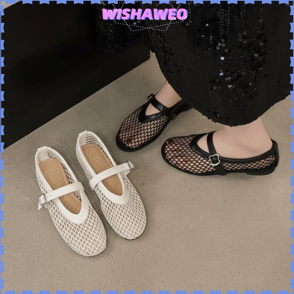 Wishaweo รองเท้าMary Jane แบบตาข่ายลื่น ดีไซน์_cut-out_สำหรับฤดูร้อน เดินสบายๆ ในสไตล์คาジュアル