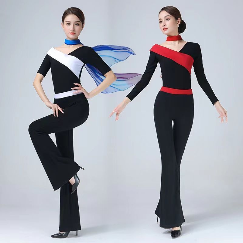 形体训练服装女礼仪培训走秀修身优雅V领大喇叭裤舞蹈练功服套装20260416Women's Figure Train Cloth for Ceremonial Train, Slim and Eleg