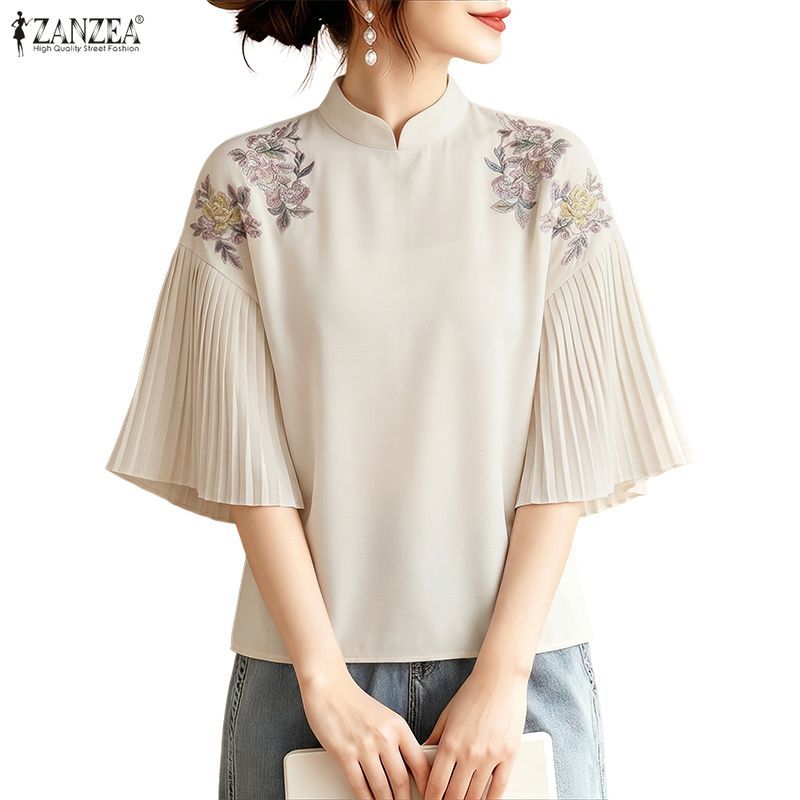 ZANZEA ซานเซีย ผู้หญิงวินเทจแฟชั่นหรูหราใหม่สไตล์จีนยืนปกแขนสั้นดอกไม้จีบเสื้อหลวม