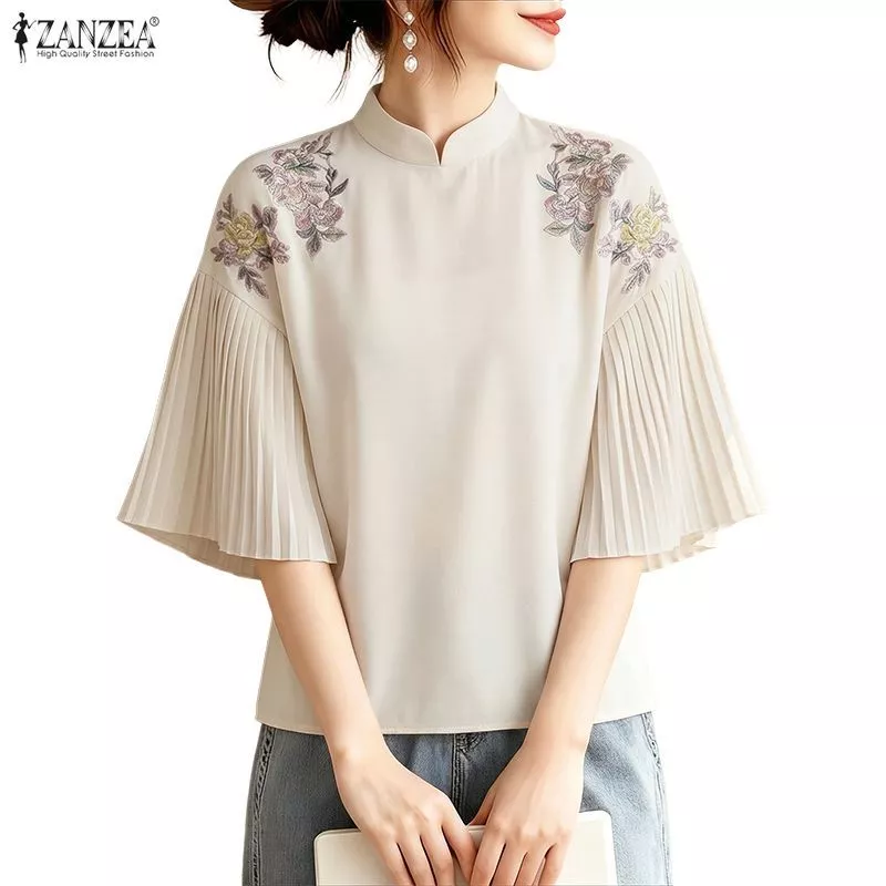 ZANZEA ซานเซีย ผู้หญิงวินเทจแฟชั่นหรูหราใหม่สไตล์จีนยืนปกแขนสั้นดอกไม้จีบเสื้อหลวม