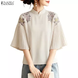 ZANZEA ซานเซีย ผู้หญิงวินเทจแฟชั่นหรูหราใหม่สไตล์จีนยืนปกแขนสั้นดอกไม้จีบเสื้อหลวม