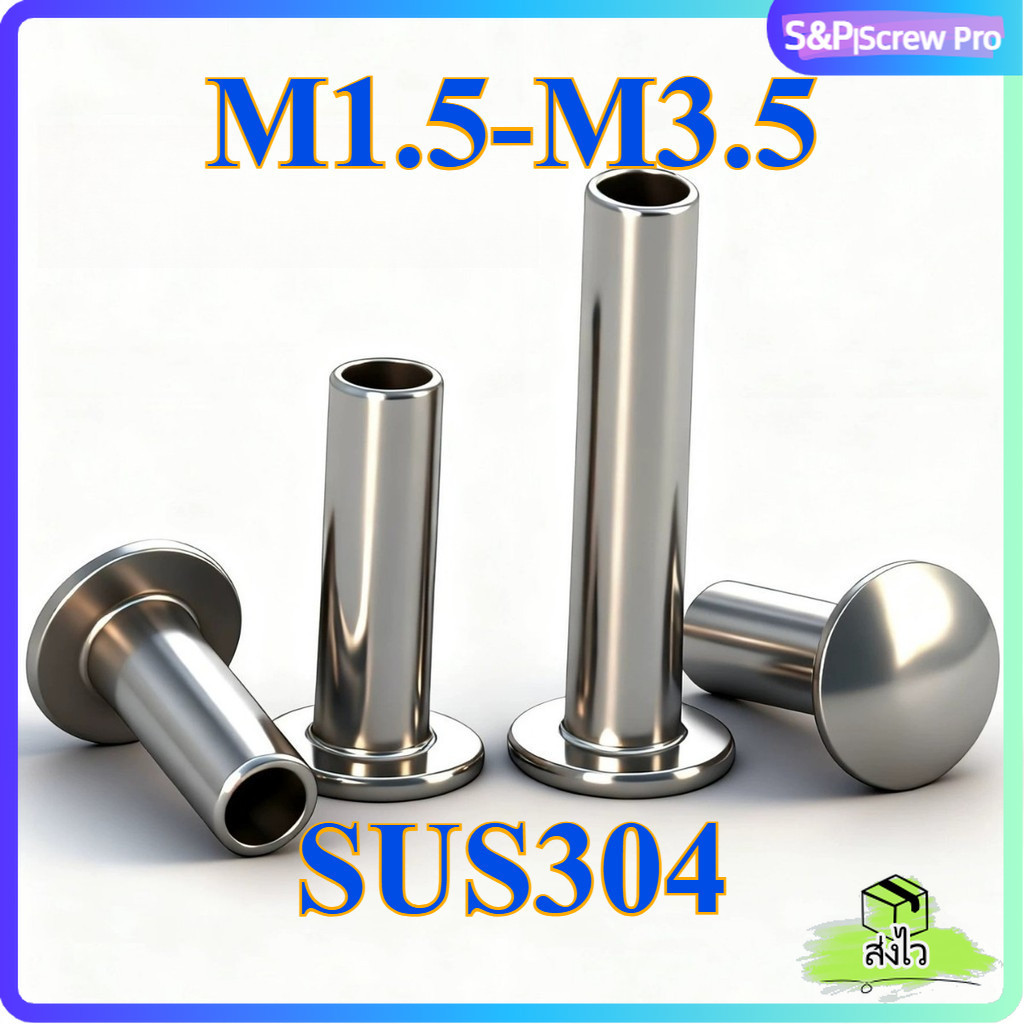 รีเวทย้ำ ตะปูย้ำ หมุดย้ำ หัวกระทะ สแตนเลส 304 กึ่งกลวง M1.5 M1.7 M2 M2.5 M3 M3.5 | 304 Stainless Steel Truss Head Semi-Tubular Rivet[XM-ML-1]