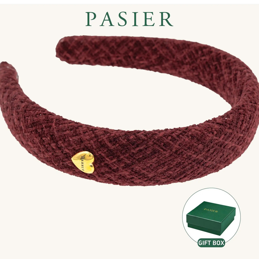 PASIER ที่คาดผมหัวใจฤดูหนาว ขนปุยสีแดงไวน์ สไตล์วินเทจ ของขวัญวันหยุด DR0261