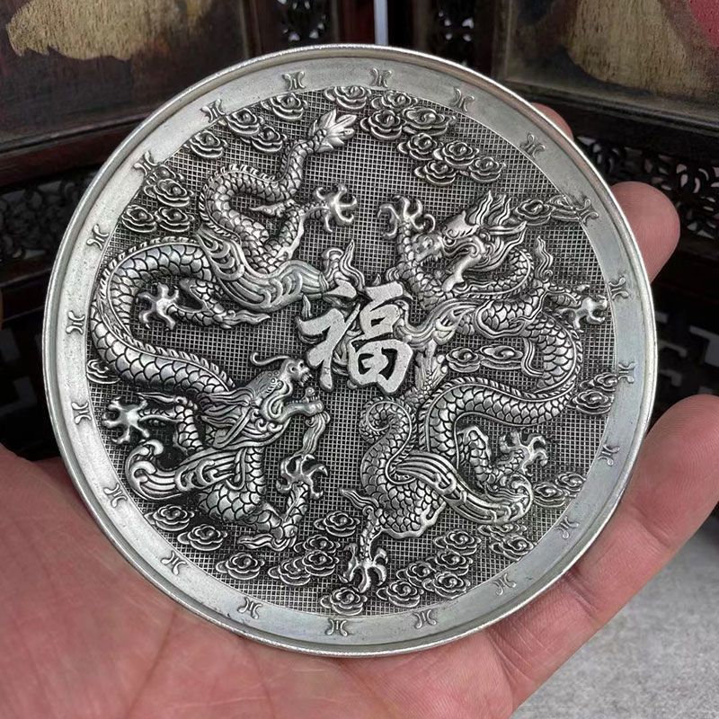 คอลเลกชันเบ็ดเตล็ดโบราณ Double Dragon Fortune Character Bowl ทองแดงสีขาว Silver-Plated Dragon Phoeni
