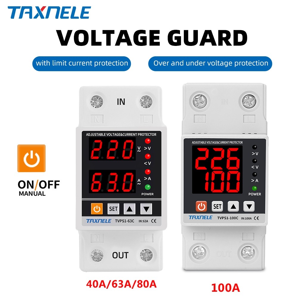 Taxnele Dual Display 40A 63A 230V Din Rail ดิจิตอลปรับ Over ภายใต้แรงดันไฟฟ้า Protector TVPS1-63C