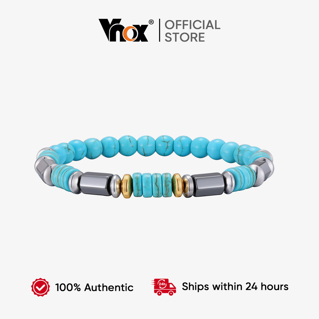 VNOX วีน็อกซ์ สร้อยข้อมือลูกปัดหินสีฟ้าธรรมชาติ สำหรับผู้ชาย เหมาะสำหรับฤดูร้อน ในสไตล์โบฮีเมียน