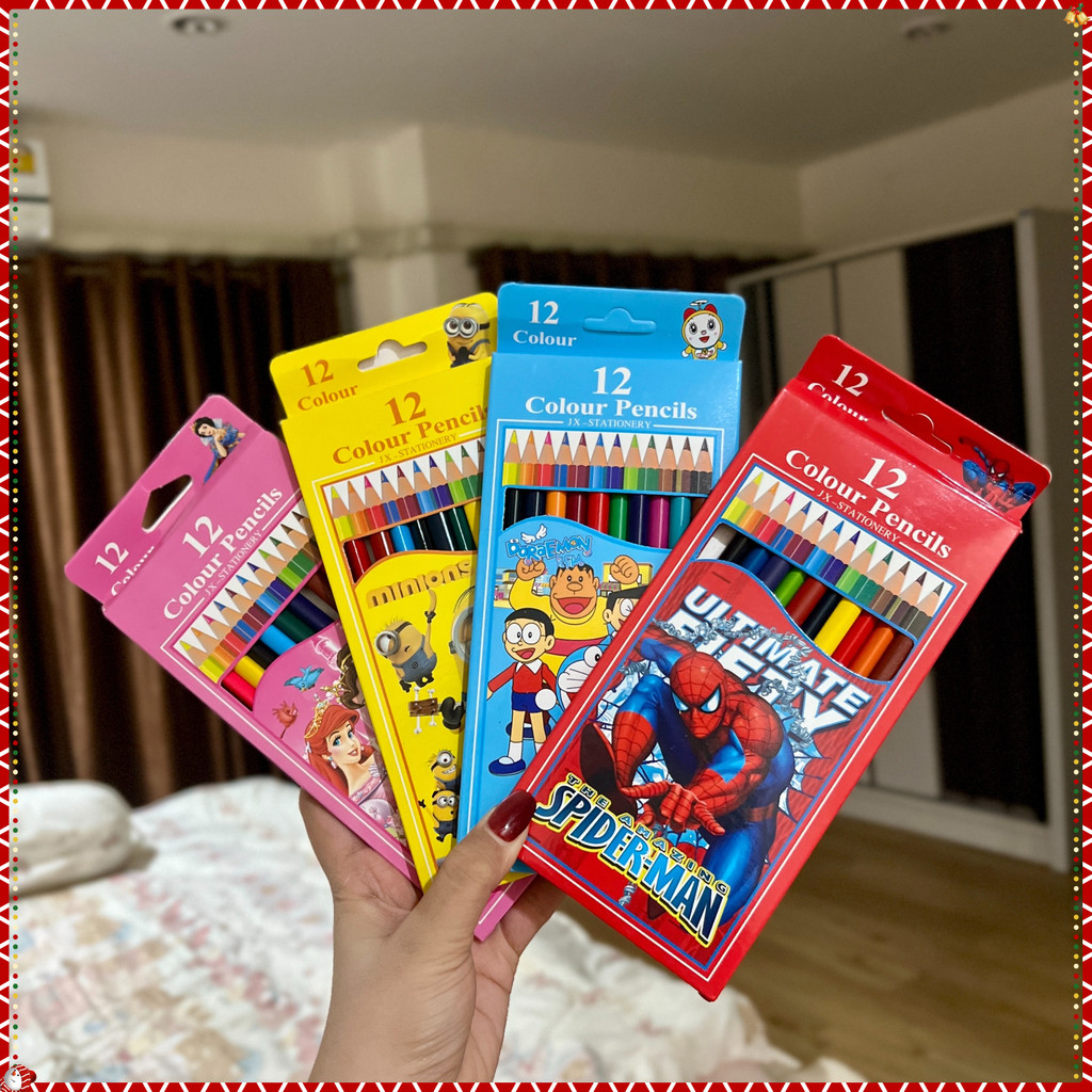 ดินสอสี สีไม้ แท่งยาว ลายการ์ตูน 12 สี
