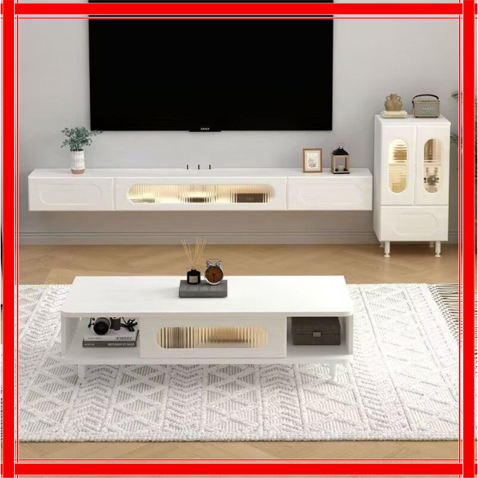White hanging storage cabinet TV suspended TV cabinet solid wood suspended TV cabinet coffee table