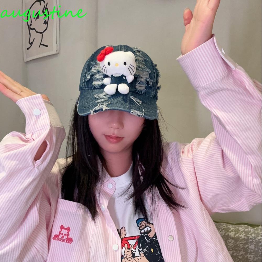 AUGUSTINE Denim Peak Cap สไตล์ Snapback Y2K ลายขาด เหมาะสำหรับSummer Streetwear