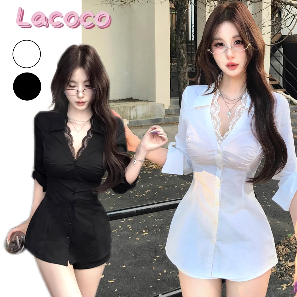 Lacoco คลังสินค้าพร้อม เสื้อเบลาส์ลูกไม้สุดเซ็กซี่ ทรงเข้ารูป สีดำและขาว ดีไซน์หรูหรา