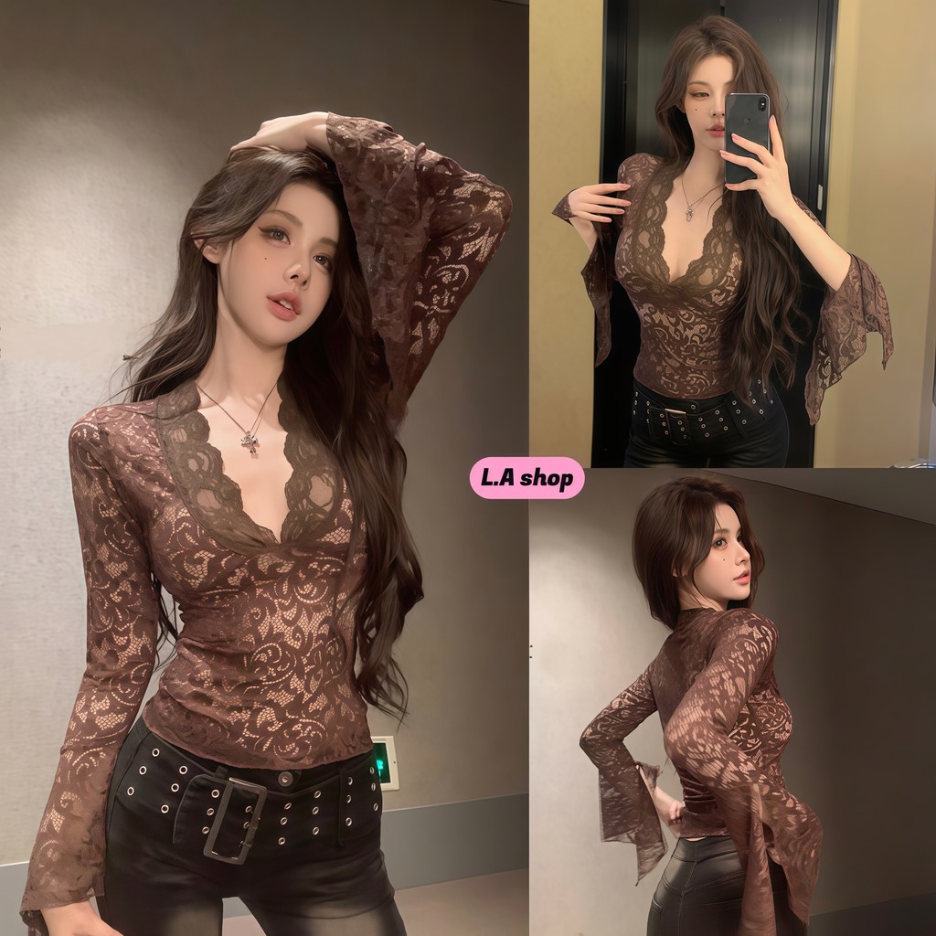 L.A Shop★เสื้อคุณภาพดี เสื้อผ้าผู้หญิง เสื้อแขนยาว คอวี สีน้ำตาลทรงรัดรูป ลูกไม้ FY1175#1-0