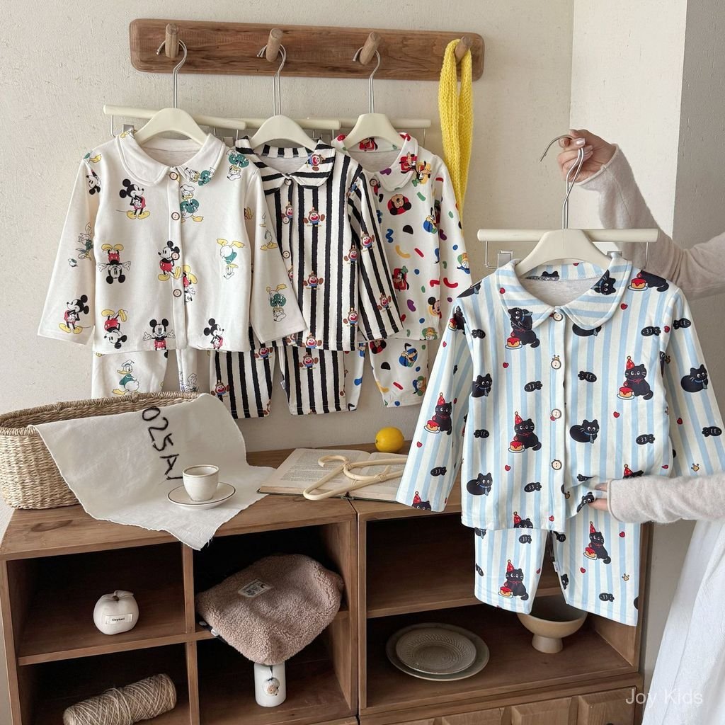 ✨JoyKids✨ ชุดนอนเด็กลายการ์ตูนคอปกลายแขนยาว2ชิ้นสำหรับเด็กโตวัยรุ่นเนื้อนุ่มสไตล์เกาหลีชุดนอนในบ้านใส่สบายสุดน่ารักชุดเด็กเล็กสุดเก๋