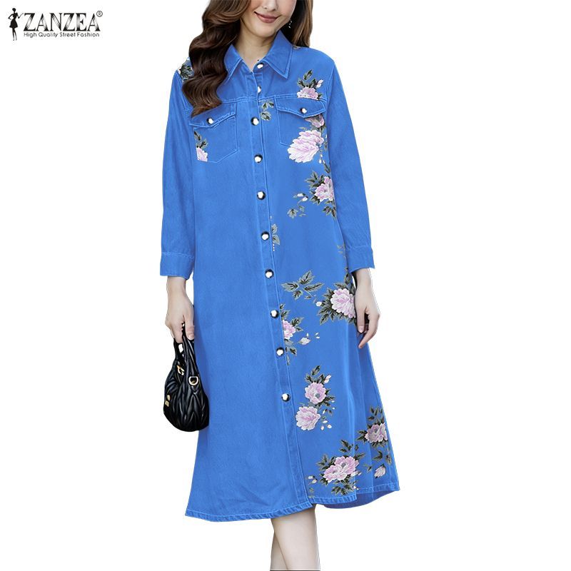 ZANZEA กระโปรงเชิ้ตสไตล์เกาหลีย้อนยุค พิมพ์ลายดอกไม้ แขนยาว กระดุมแถวเดียว