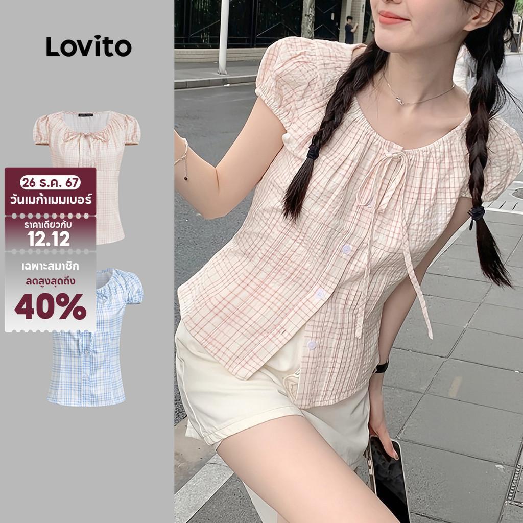 Lovito เสื้อเบลาส์ลำลองสำหรับฤดูร้อน/ฤดูใบไม้ผลิ ช่วงคริสต์มาส ผูกเชือกจีบ เสื้อเบลาส์สำหรับผู้หญิง 