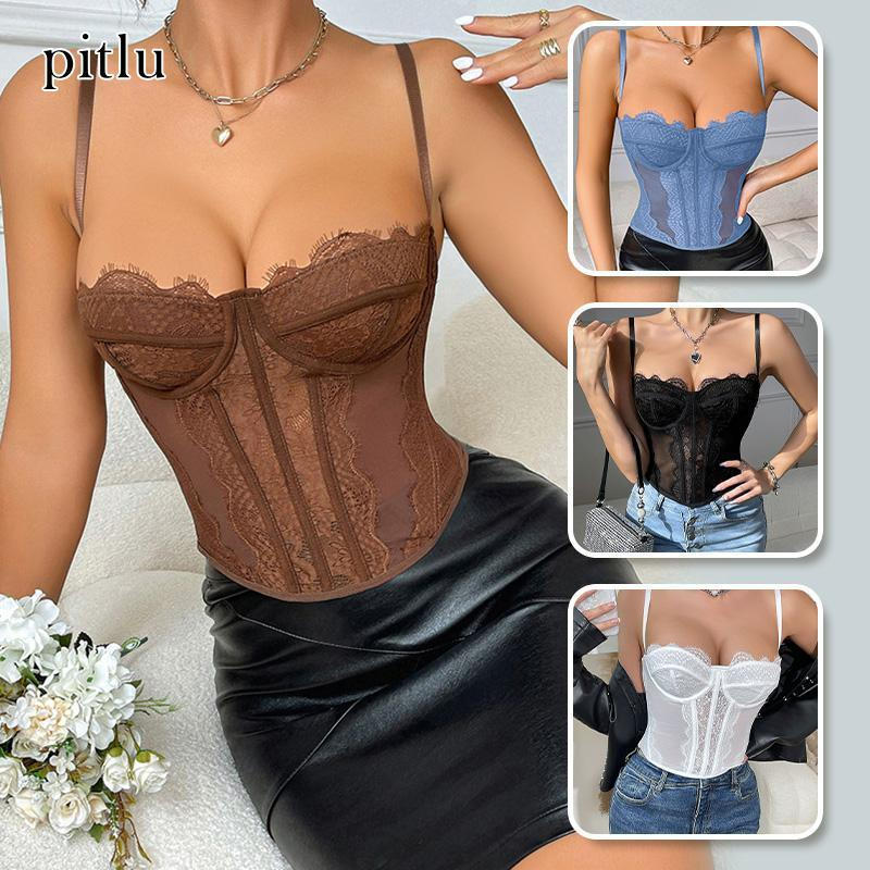 pitlu เสื้อคอร์เส็ตสไพร์ฝักบัว สีน้ำตาล/ดำ/ขาว/น้ำเงิน ขนาดXS-XL ผ้าฝักบัวเน็ต ใส่สวยสบาย แฟชั่น