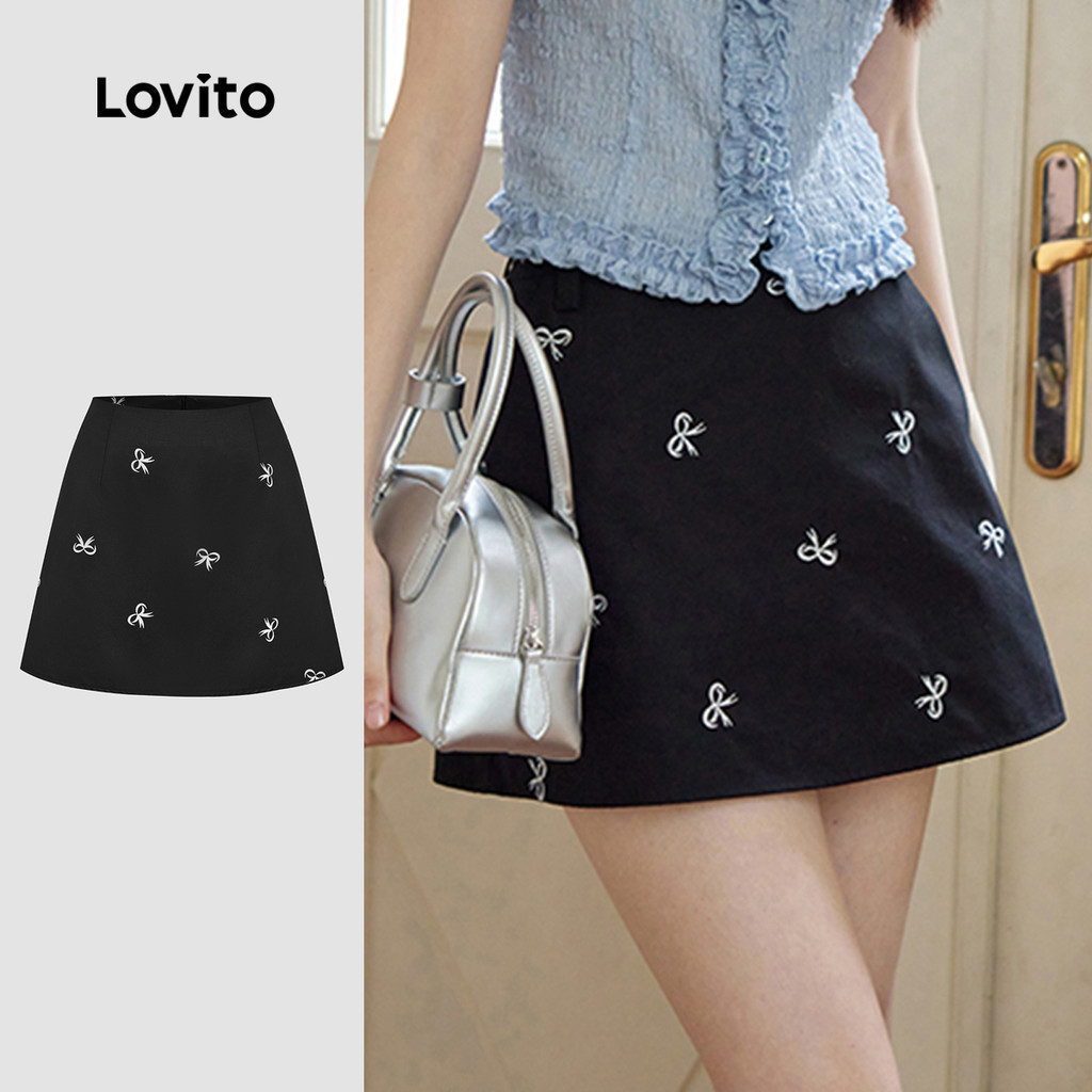 Lovito กระโปรงลำลองผู้หญิง โบว์ กระโปรงพื้นฐานฤดูร้อน/ฤดูใบไม้ผลิ L133AD475