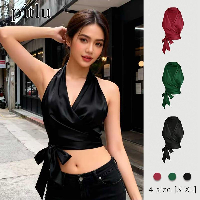 pitlu เสื้อท็อปสไพร์สายผูกคอครอปผ้าแดมาสกล้อม สีแดง/เขียว/ดำ ขนาดS-XL ผ้าแดมาสก์ ใส่สวยสบาย แฟชั่น