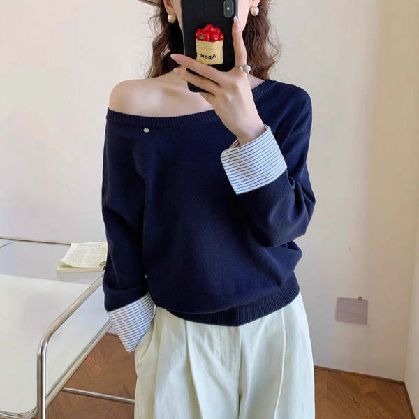 sweater set sculptor sweater เสื้อกันหนาวผู้หญิง สไตล์ใหม่ ไหล่ทแยง ดีไซน์หลวมสำหรับฤดูใบไม้ร่วงและฤ