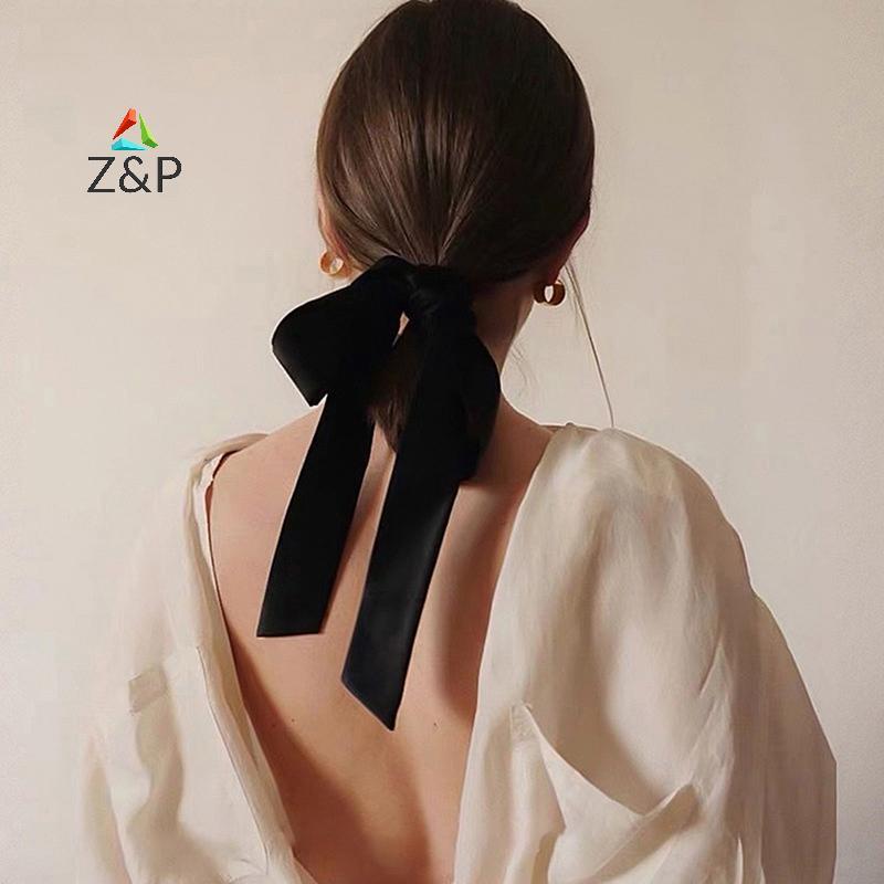Z&P แฟชั่น Vintage สรุนเชีย กํามะหยี่สีดําโบว์ผมริบบิ้น สำหรับผมยาวยืดหยุ่น