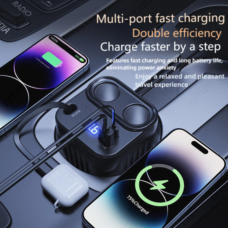 6 in 1 Multi Port Car Charger 12 V/24 V QC3.0 + PD60W Fast Charging ชาร์จโทรศัพท์ขยายสาย 2 ซ็อกเก็ตอัจฉริยะ LED แรงดันไฟฟ้าจอแสดงผลอะแดปเตอร์พลังงานสูง - รูปที่ 2