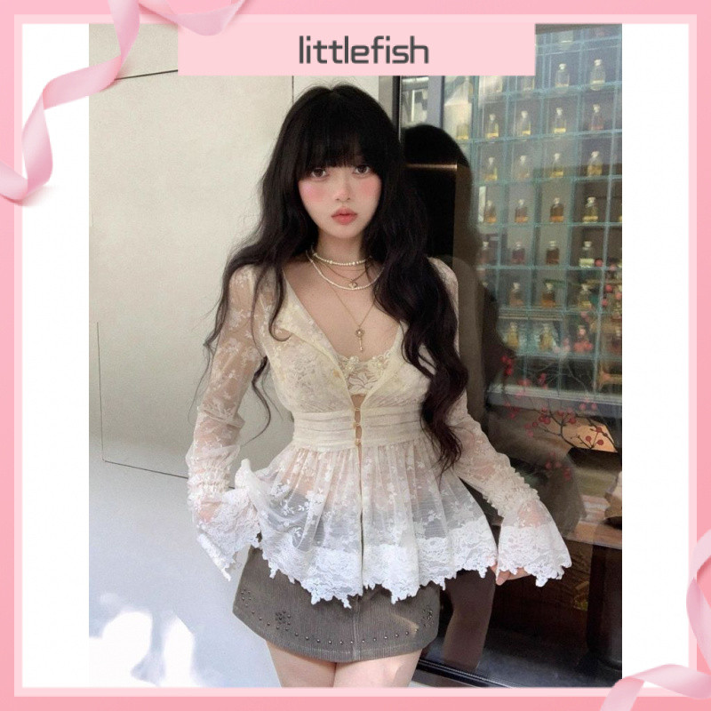 [Littlefish] Girl Pure Desire Hot Girl Lace Vneck Long-Sleeved Shirt Sexy Top