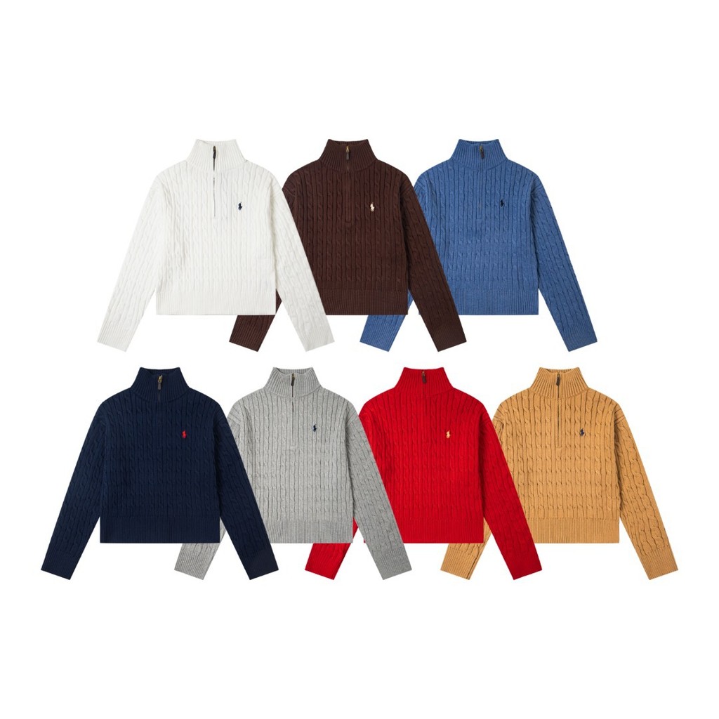 FDSU RL Pony Embroidery Women's Short Half-Zip Knitted Classic Fashion Sweater