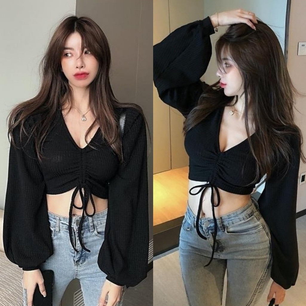 Anne เสื้อครอป คอวี ดีเทลสายรูดตรงอกเก๋ๆ เสื้อยืดผู้หญิง ผ้าใส่สบาย สไตล์ลำลอง แฟชั่น เซ็กซี่