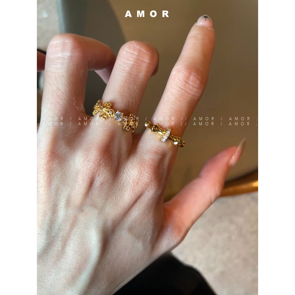 Vintage Brushed Ring • Retro Paved Zircon • แหวนไม้ไผ่ลูกไม้ลูกปัดหรูหราสําหรับผู้หญิง