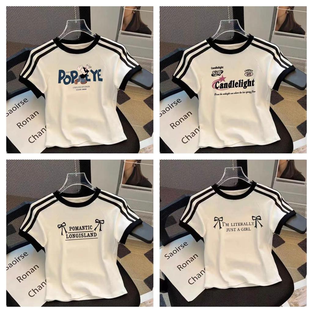 M-4XLเสื้อแขนสั้นผู้หญิง เสื้อแหวกเอวสุดเซ็กซี่ เสื้อผู้หญิงสีพื้น แมทช์ง่าย ครอปรัดรูป สไตล์อเมริกัน ผ้าดีใส่สบาย ย้อนย