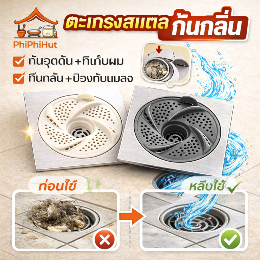 【กันอุดตัน+ที่เก็บผม 】PPHตะแกรงสแตนเลส กันกลิ่น+ป้องกันแมลงออกแบบระบบไหลเวียน3ชั้น