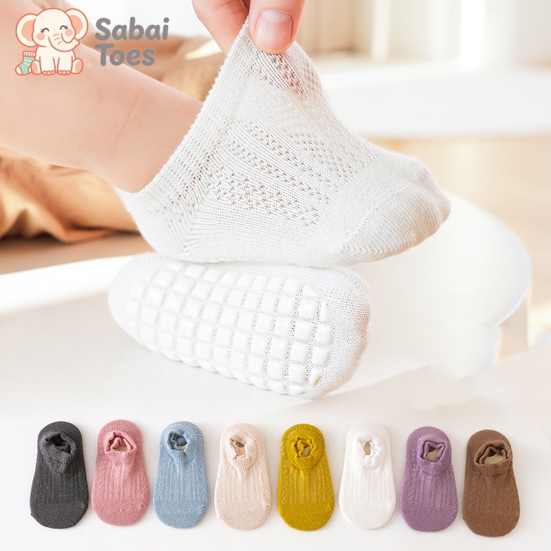 Sabai Toes ถุงเท้าสำหรับเด็กทารกขณะคลาน ผ้าฝ้ายแท้ 100% เนื้อผ้าตาข่าย นุ่มสบาย ระบายอากาศได้ดี พร้อมแผ่นกันลื่น