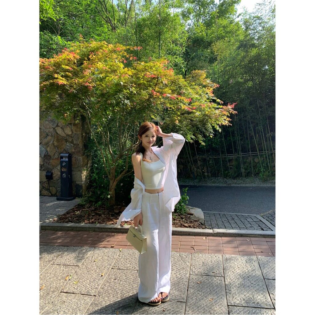 3N Casual Old Money หลวมชุดสามชิ้นผู้หญิงฤดูร้อนเสื้อหลวมกางเกงขากว้างเอวสูงเสื้อกั๊กด้านใน