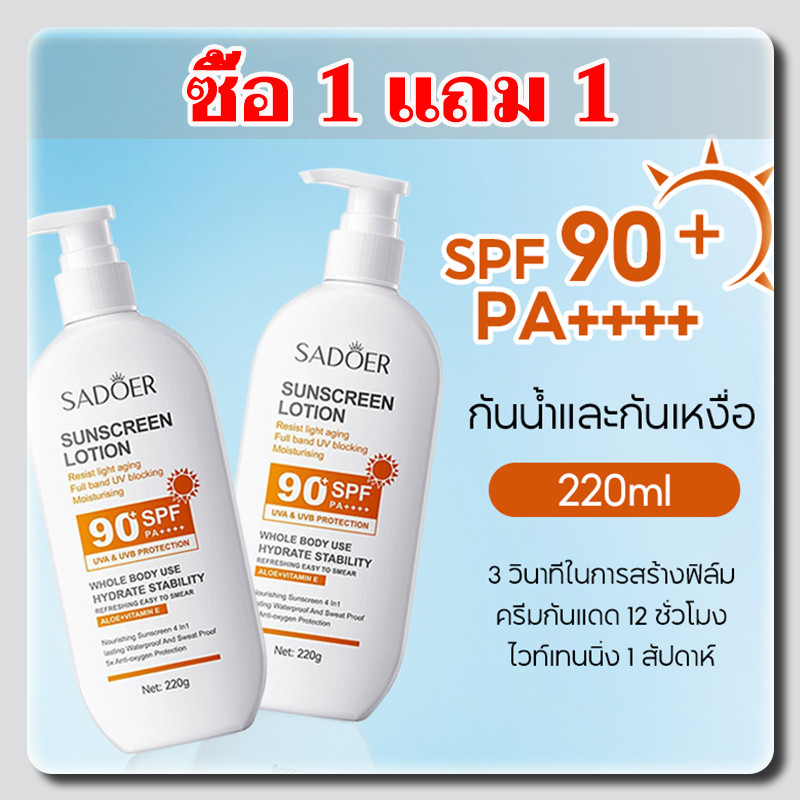 【ซื้อ 1 แถม 1】ครีมกันแดดผิวหน้า SADOER SPF90+ PA++++ เนื้อบางเบา คุมมัน กันน้ำ กันเหงื่อ ไม่เป็นคราบ