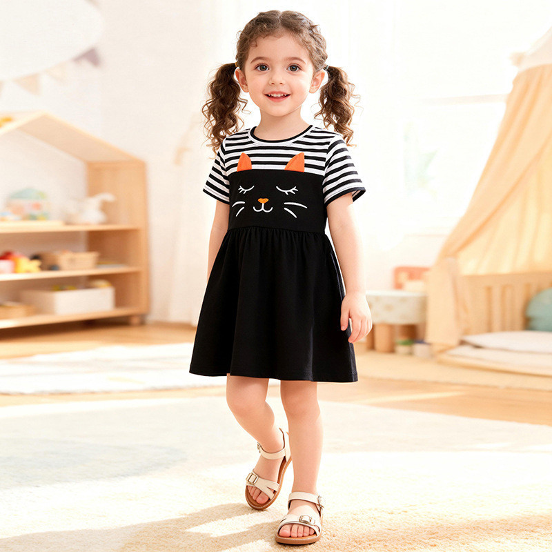 【Ready Stock】 Girls' Skirts Dress 2026 Summer Cute Cat MiPro Baoou American Style Striped Short Slee
