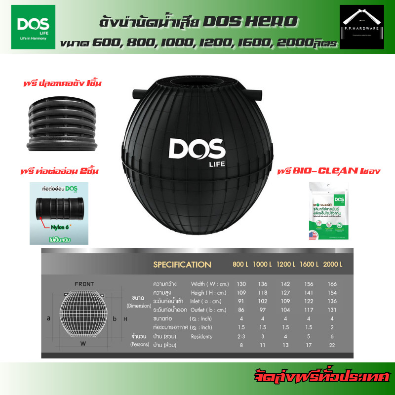 DOS ถังบำบัดน้ำเสียDOS HERO ขนาด 600, 800, 1000, 1200, 1600, 2000ลิตร แถมฟรี!! ข้อต่อFlex ปลอกคอถัง 