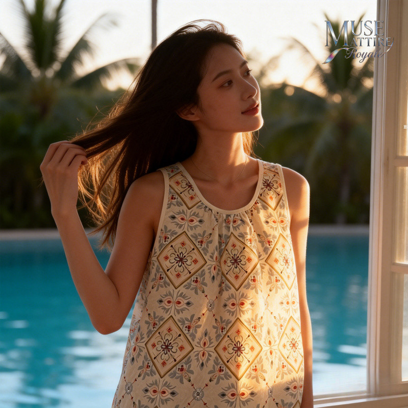เสื้อย้อมยุคแขนกุดสำหรับผู้หญิง พิมพ์ลายเก๋ในสไตล์ขนาดใหญ่หลวม