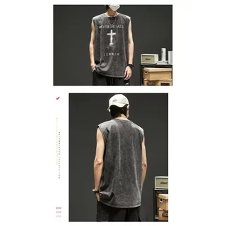 [ส่งไวจากไทย] วินเทจอเมริกัน สูง ถนน ผู้ชายสีดําพิมพ์เสื้อกล้ามระบายอากาศ สตรีทแวร์ สําหรับวัยรุ่น
