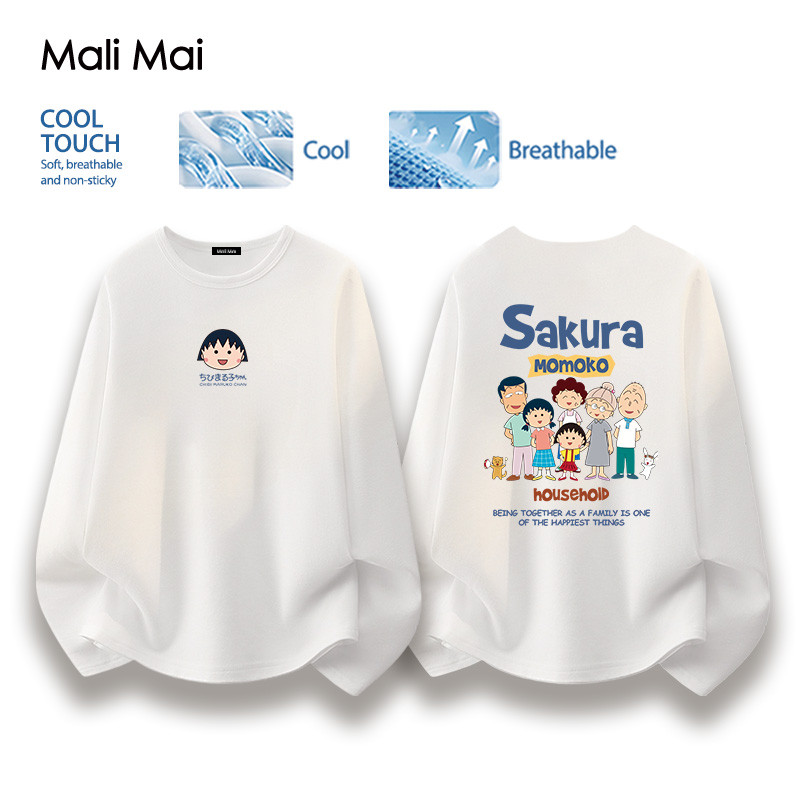 เสื้อยืดคอกลมแขนยาว ไม่ต้องรีด ไม่ขึ้นขุย Chibi Maruko-chan ลายการ์ตูน 【จัดส่งจากประเทศไทย】